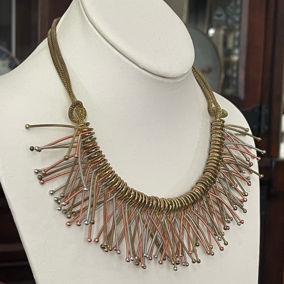 Vintage Jewelry - Copper silver bronze tone metal spring chunky adjustable length necklace